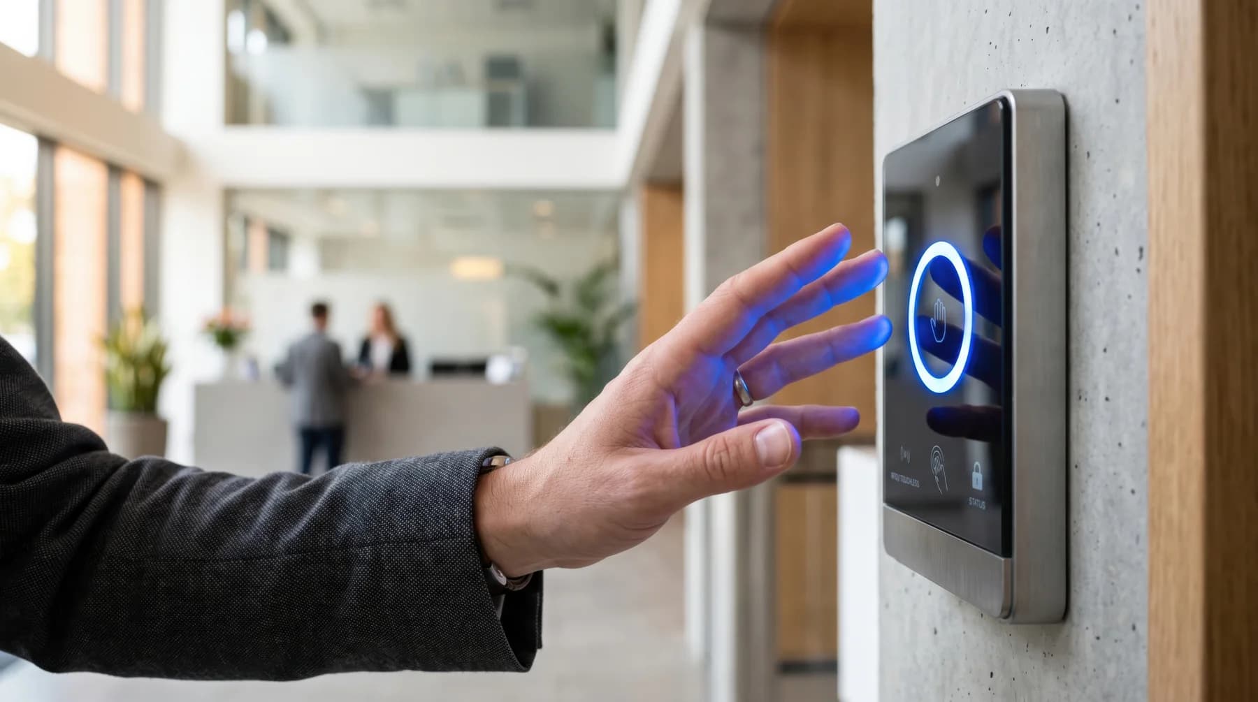 A person using an access-control reader at an office entrance.
