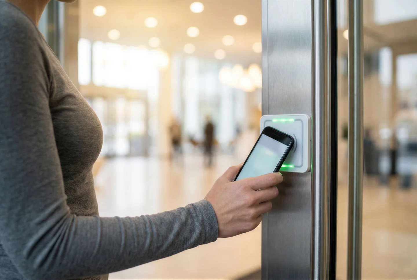 A person holding a smartphone up to a white door reader with green status lights on a stainless-steel door frame, with a glass lobby behind.