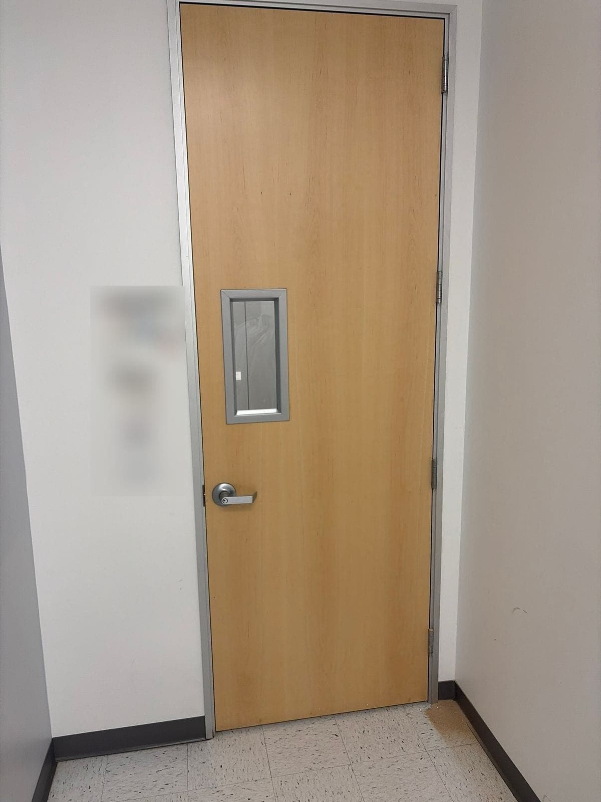Light wood door with a small rectangular vision window and a satin lever handle, set in a metal frame between white walls.