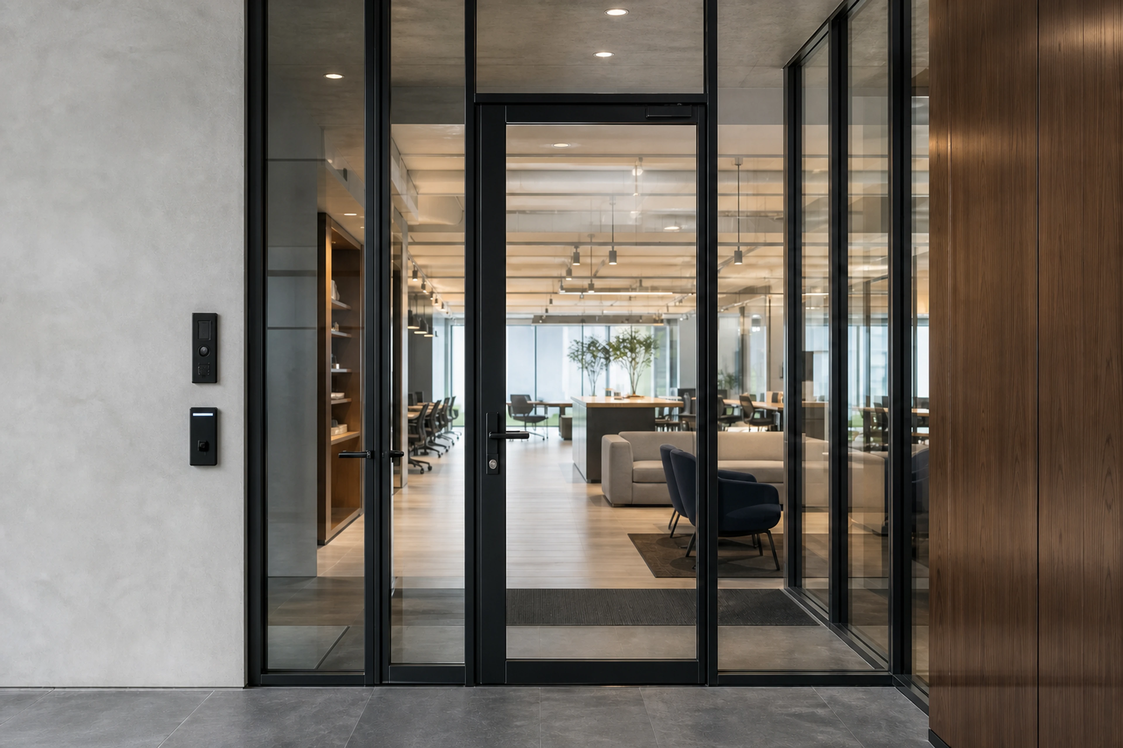 Unoccupied coworking space behind a controlled glass entry with an intercom and access reader