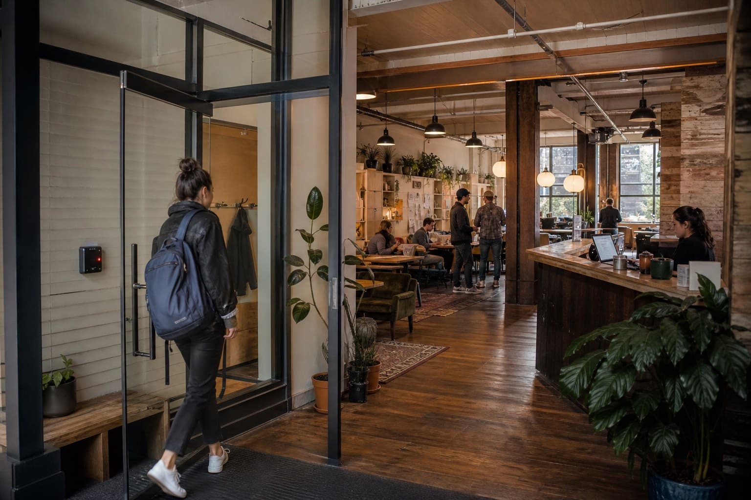 Representative coworking lobby with a controlled glass entry and access reader