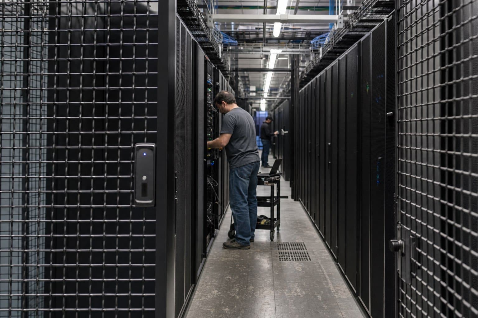 Representative operating data center aisle with server racks, technicians, and controlled cage access