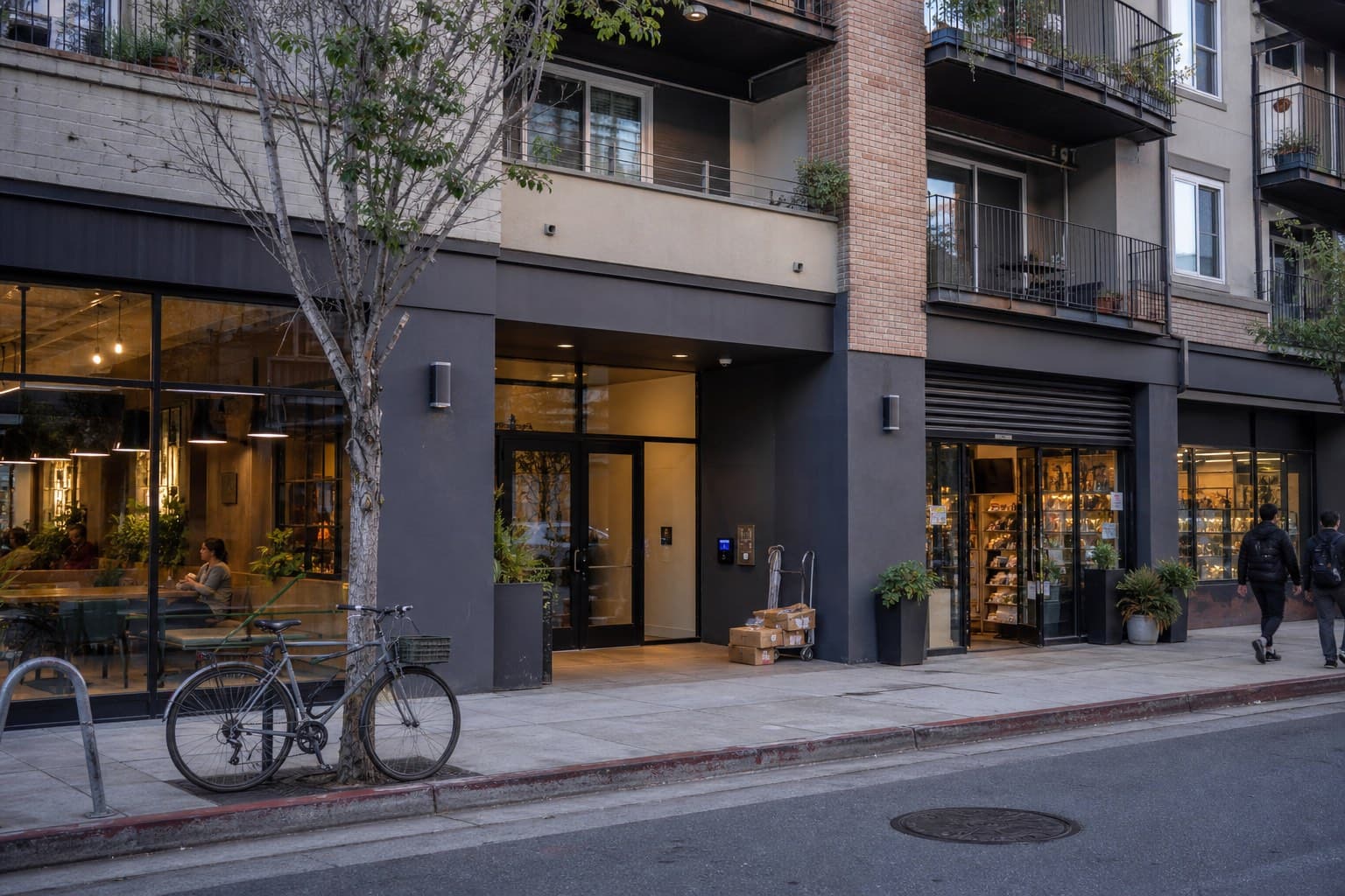 Representative mixed-use property entrance shared by commercial and residential occupants