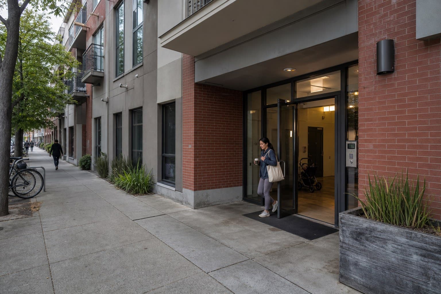 Representative multifamily entrance with an intercom and controlled-access reader