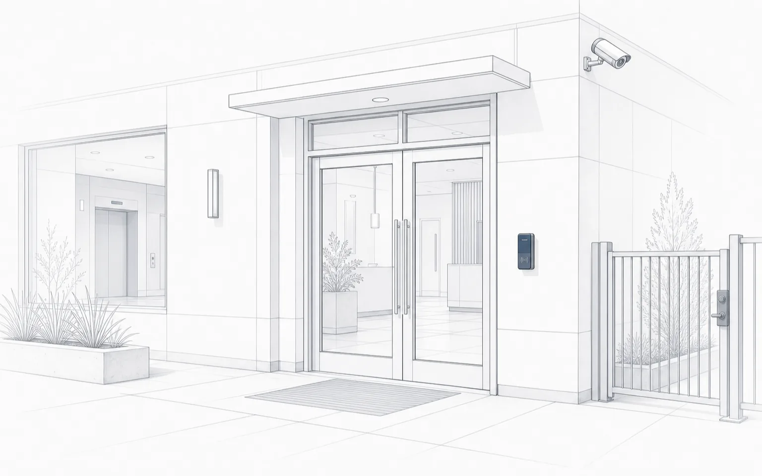 Access control readers, doors, gates, and elevator access planned around a commercial property.
