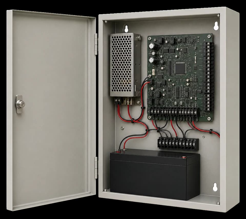 Commercial access control panel with low-voltage wiring for door release hardware.