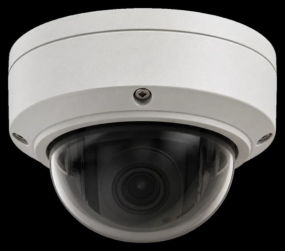 A white dome camera housing with a smoked bubble over the lens and one visible screw on the base, photographed on a white background.