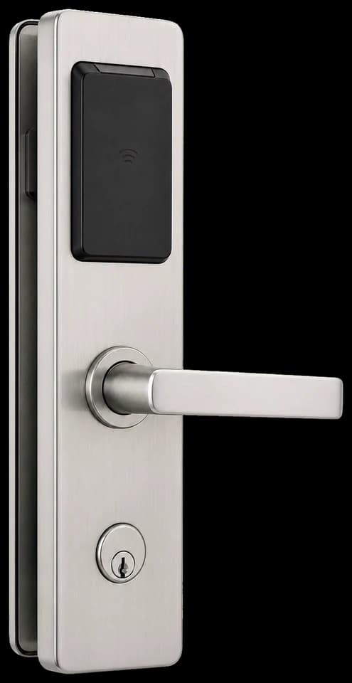 Standalone electronic lever lock with code entry on a commercial door.