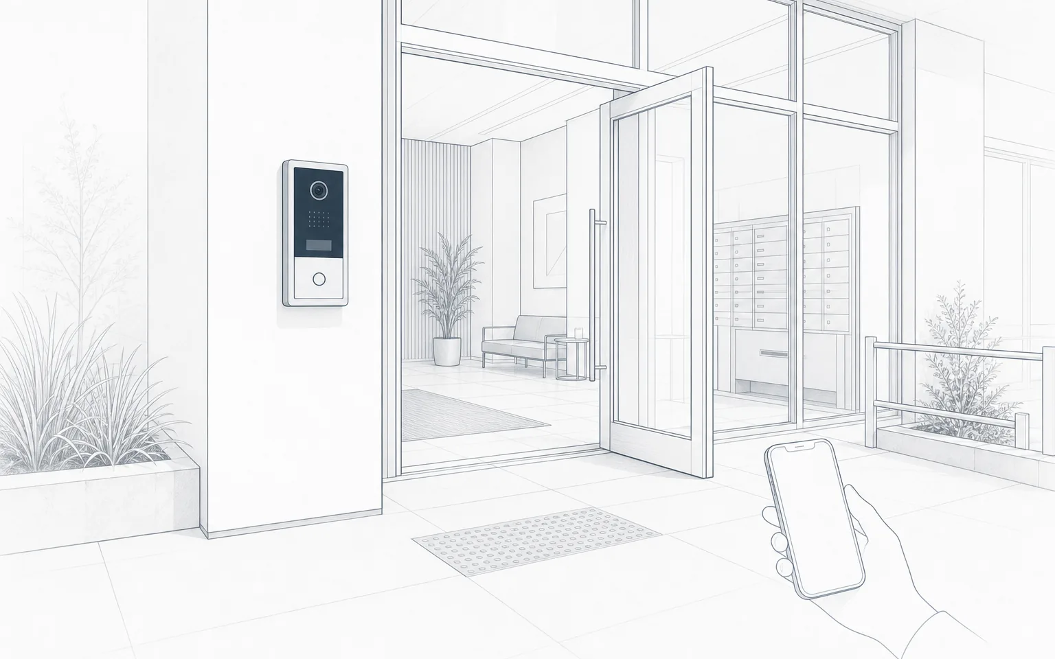 Video intercom installation planned around visitor entry, doors, gates, deliveries, and access control.