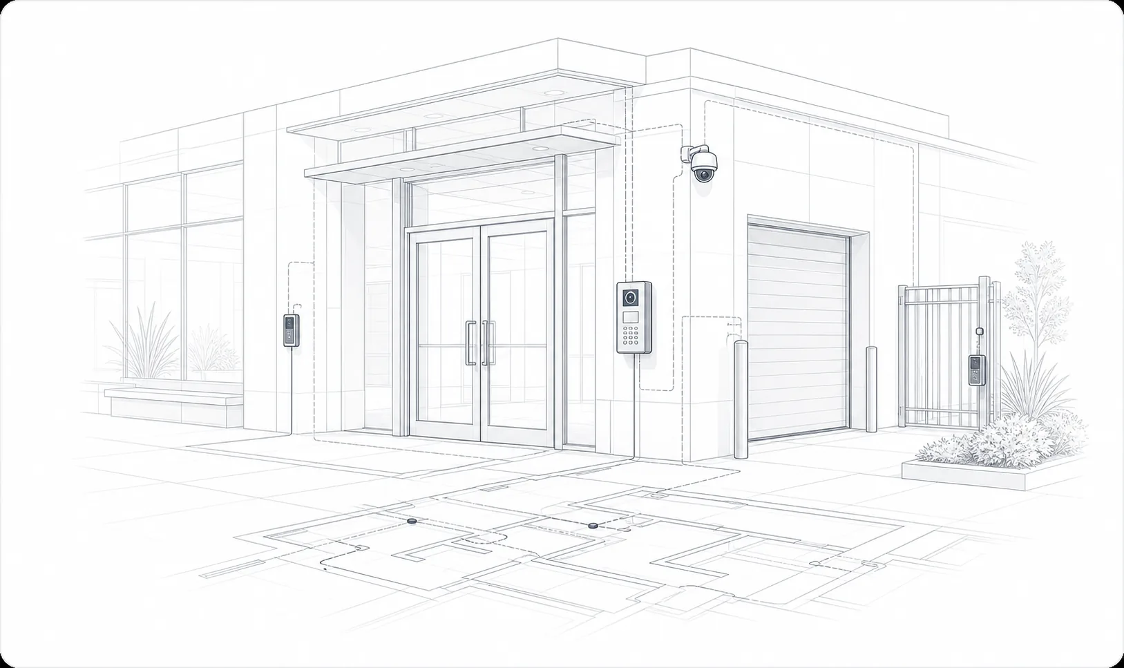 Layered commercial building security map showing access, cameras, intercoms, and door hardware.