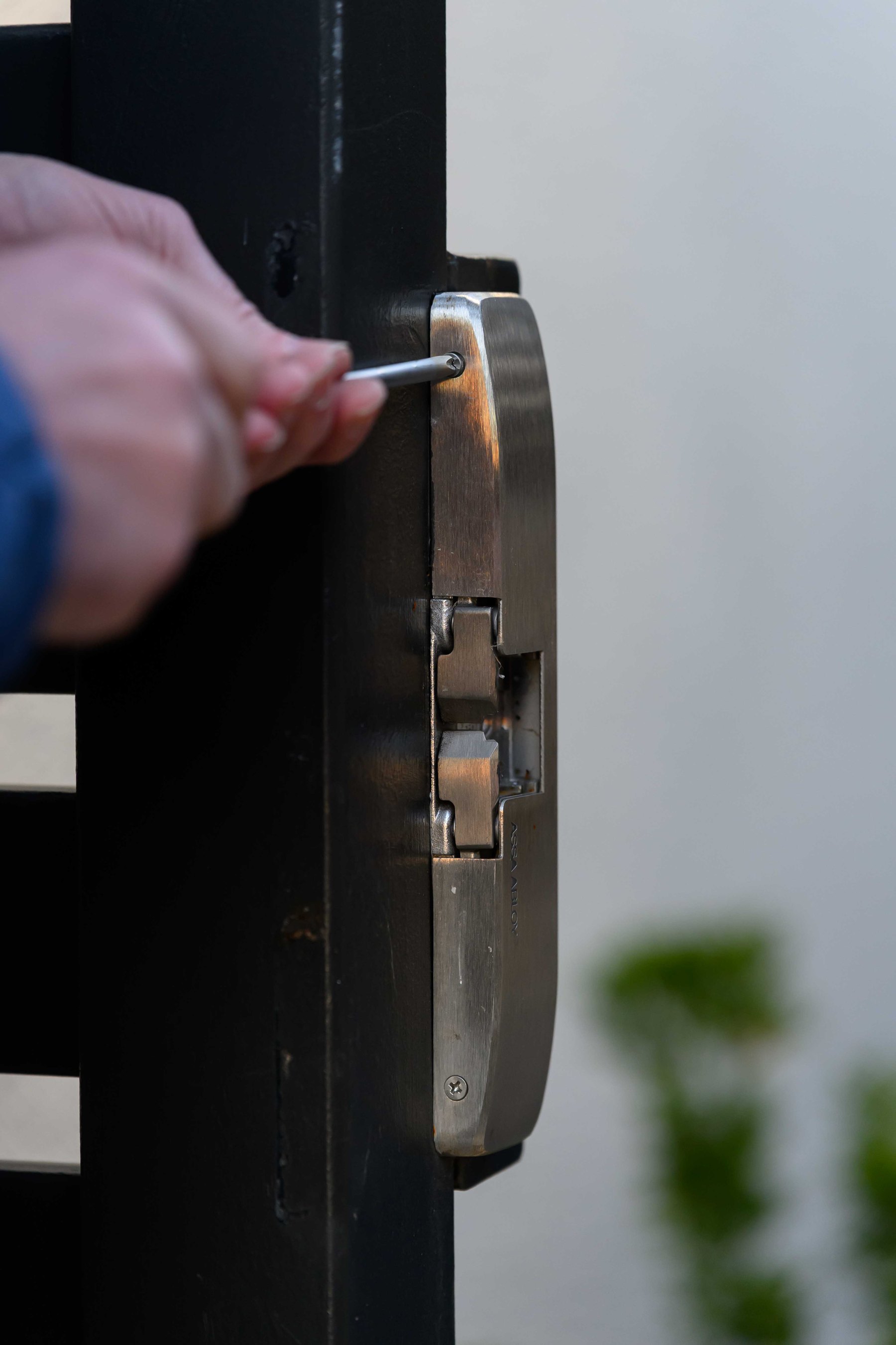 Close detail of a gate lock and release point.