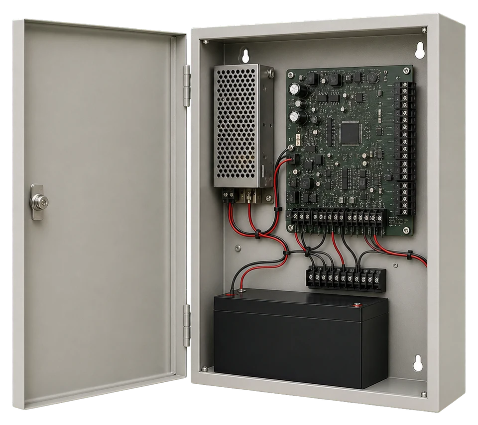Representative commercial access control panel and enclosure.