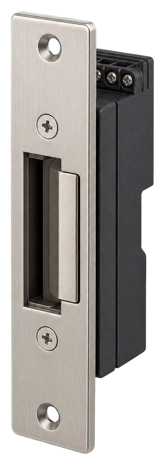 Representative commercial electric door strike hardware.